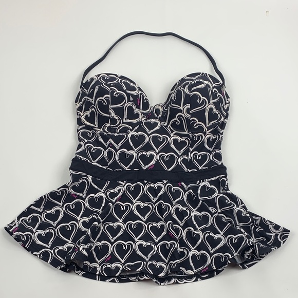 Betsey Johnson Black white Heart Halter Swim  Top Size Medium Ruffled Padded bra - Picture 1 of 14